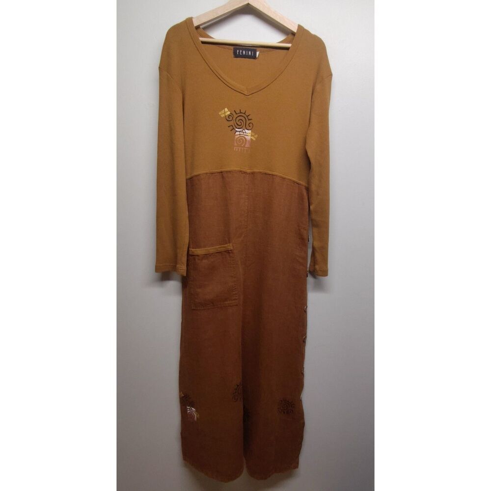 Fenini Maxi Dress Women Size S Brown Cotton Linen Long Sleeve Vintage Bohemian